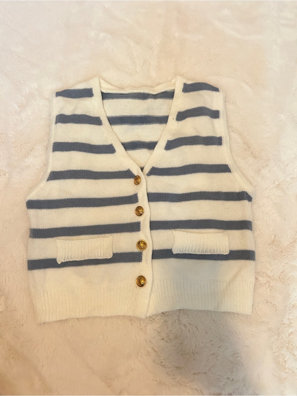 American Eagle Outfitters Cream and Blue Striped Knit Button Vest